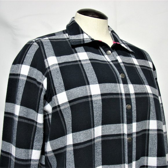 Women's Orvis Plaid Flannel Jacket Fleece Lining Button Snap Black White Sz 2XL - Picture 4 of 7